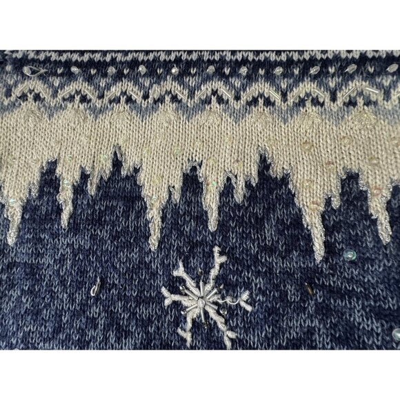 VTG Stitches In Time Womens L Blue White Granny Sweater Beaded Snowflake Holiday - Picture 8 of 13